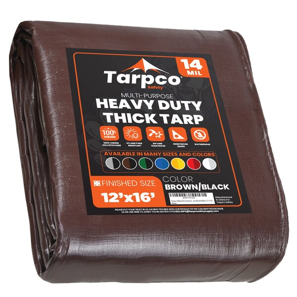Tarpco Safety Heavy Duty Tarp, 16 ft L x 0.5 mm H x 12 ft W, 14 Mil, Brown/Black, Polyethylene TS-102-12X16 - main